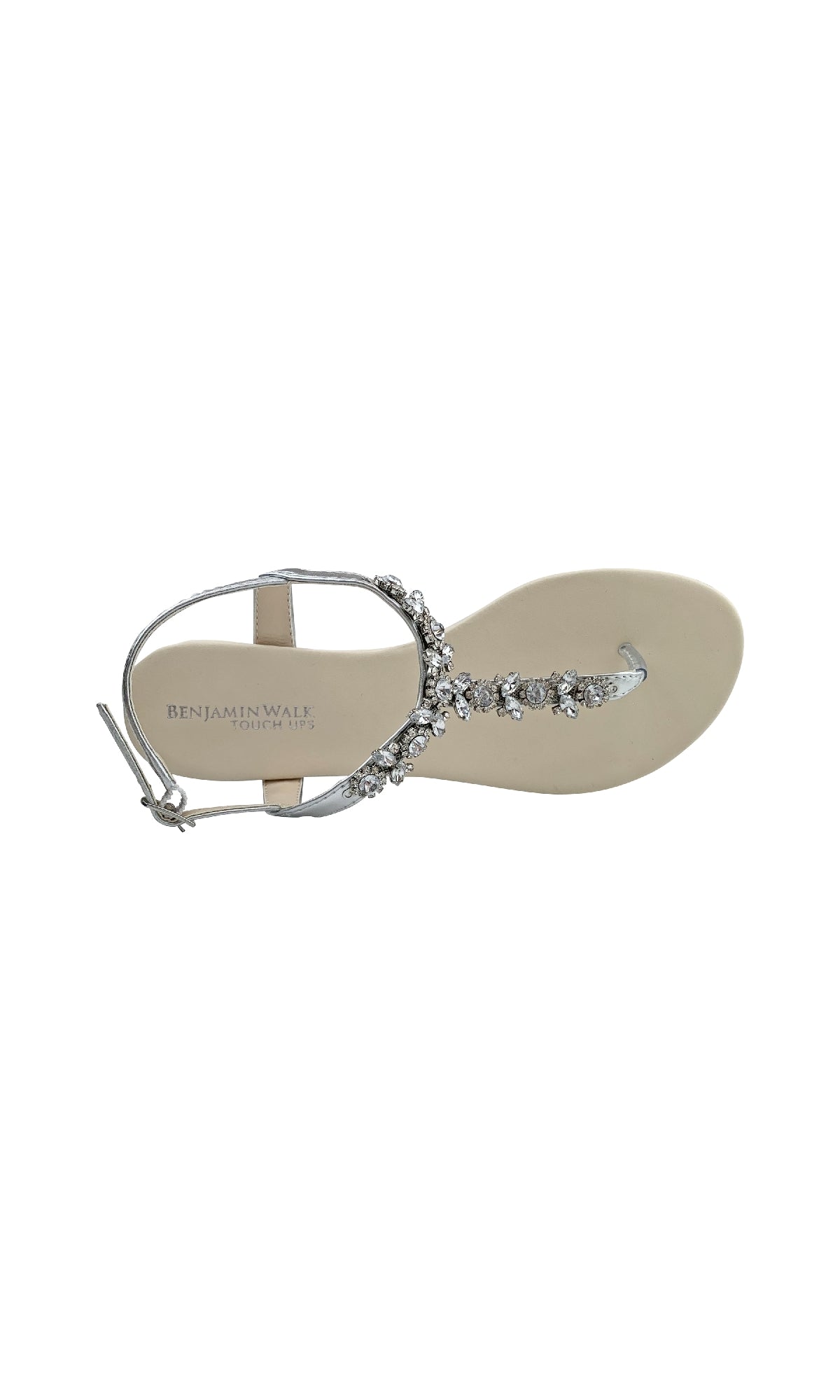 A top view of the Paula Silver Thong Sandal Prom Shoes (Touch Ups 4413) shows jewel trim, rhinestone embellishments, a buckle strap, and a thong sandal design.